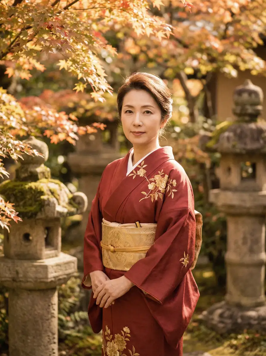 一位身穿暗红色和服的优雅 站街女 在日式庭院中
